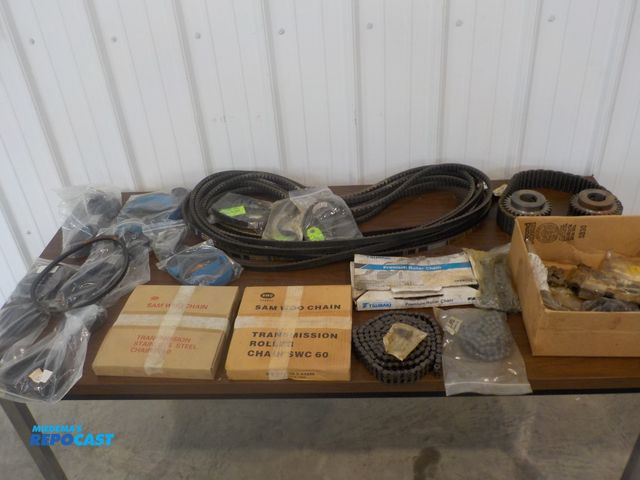 Lot 2-16281 - 2 #60 roller chain 10', 1 #40 roller chain 10', 6 assorted chain, 8 goodyear BX75 v-bets, 12 assorte...
