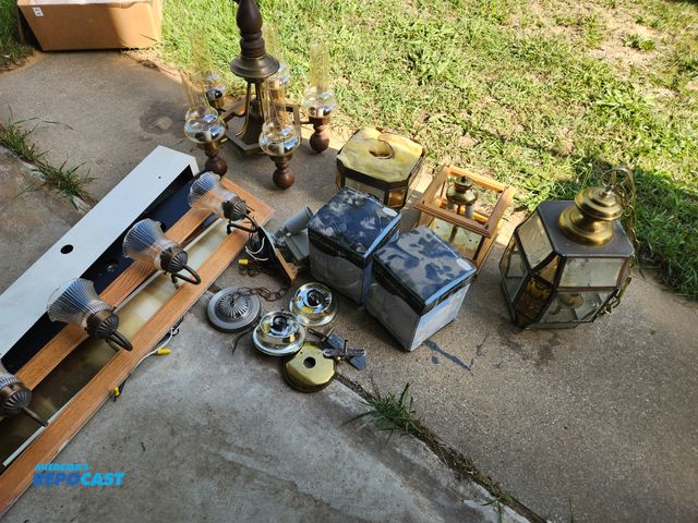 Lot 2-10723 - Large lot of light fixtures, mostly vintage, including hurricane lantern chandelier, leaded glass pe...