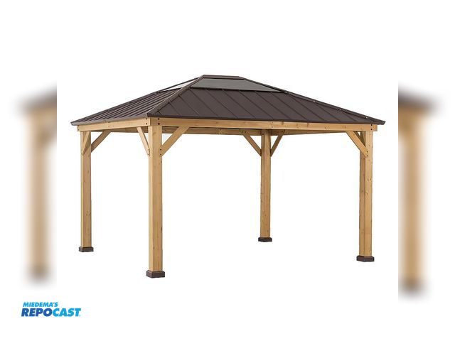 Lot 2-15336 - Sunjoy 11-ft x 13-ft Brown Gazebo with Hardtop Roof  Model #A102005803