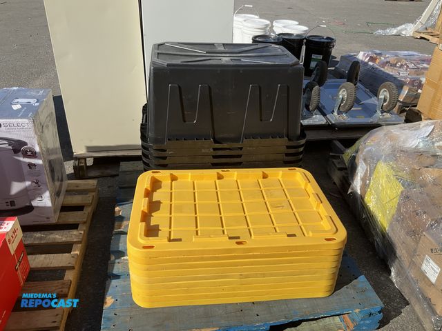 Lot 2-75137 - Lot of (10) 27 gallon totes, black with yellow lids, used condition - only has 9 lids