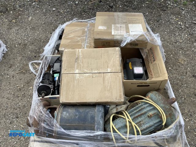 Lot 2-10363 - Skid lot of industrial items including: Baldor reliance motors, leeson magnet motors, louver for com...