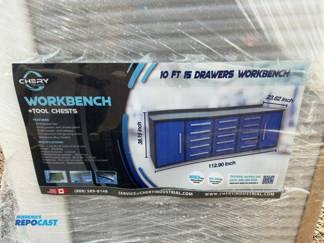 Lot 2-40975 - New Chery Industrial 9'5" 15-Drawer Steel Workbench, Blue Cabinet Doors and Drawer Fronts, Two Cabin...