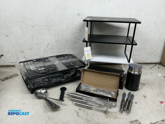 Lot 2-75894 - Lot of kitchen stackable shelves, flatware, and dish racks, utensils, etc.