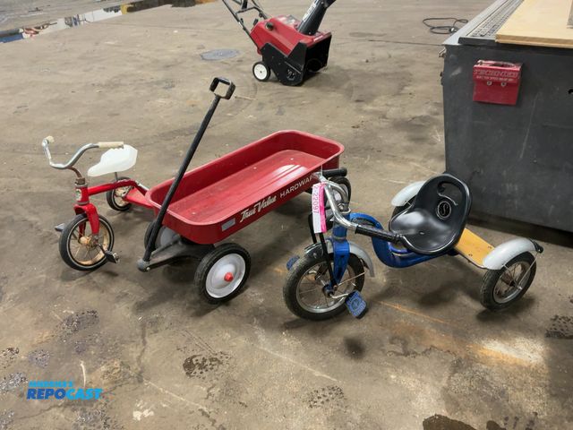 Lot 2-22097 - Lot of (1) Tru Value Hardware Red Metal Wagon, (1) Schwinn Roadster Kids Tricycle, and (1) Hedstrom ...