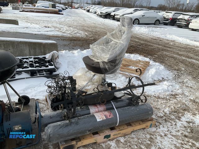 Lot 2-92276 - Skid of miscellaneous items, including vinyl flooring, rearview mirrors, candle holding decorations,...