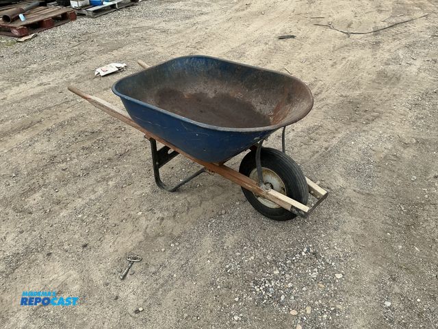 Lot 2-62944 - Blue wheelbarrow, wooden handles with metal stands,