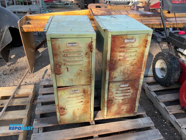 Lot 2-67508 - vintage school house lockers, 2 matching sets of double stacked lockers, has padlock hinges, 12"x22"...