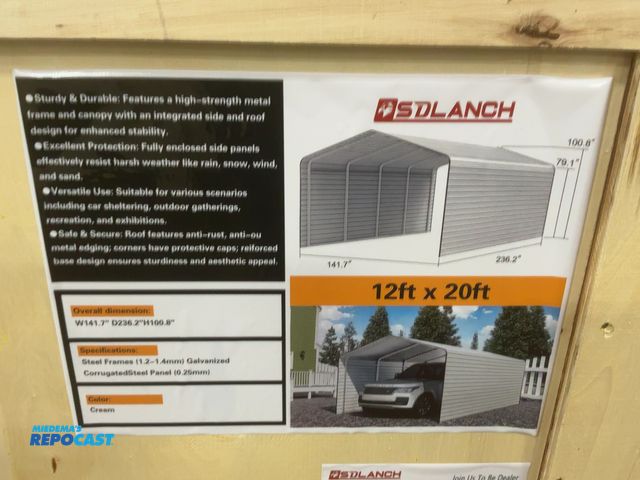 Lot 2-41624 - New SDLANCH 12’x20’ Carport with Enclosed Sidewalls, Cream Color, 141.7” wide x 236.2” deep x 100.8”...