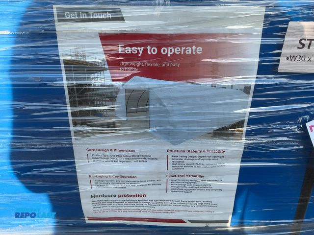Lot 2-43693 - New SDLANCH 30'W x 65’'L x 15'T Peak Ceiling Fabric Shelter Building, 12' Wide front and rear roll u...