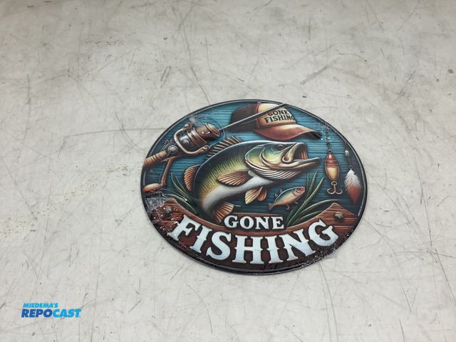 Lot 2-75395 - “Gone fishing” circular metal tin sign approx. 8”