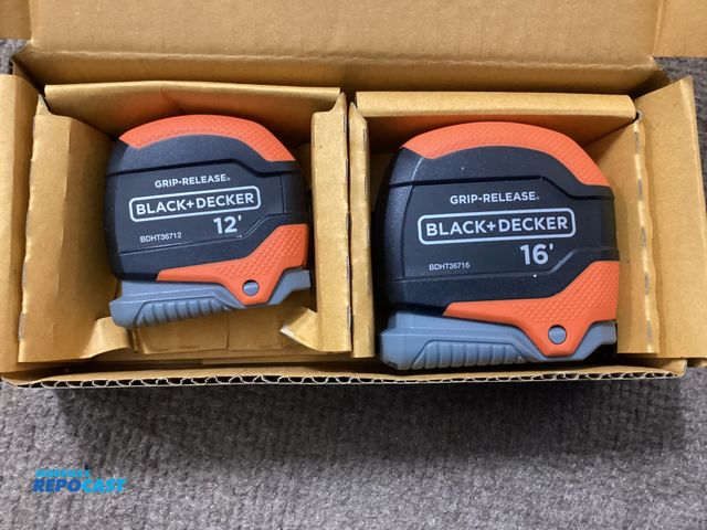 Lot 2-63200 - New Black + Decker 12 foot and 16 foot Grip release tape measure set.