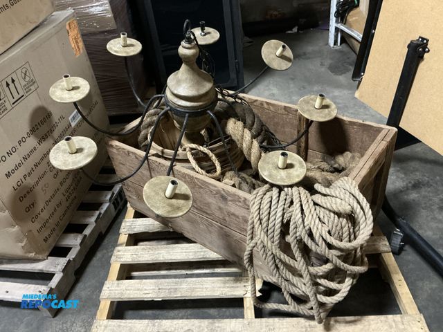 Lot 2-96558 - 35.5” x 21” x 14.5” Wooden Box, a Chandelier, (3) Wooden Baskets, and various sized Rope