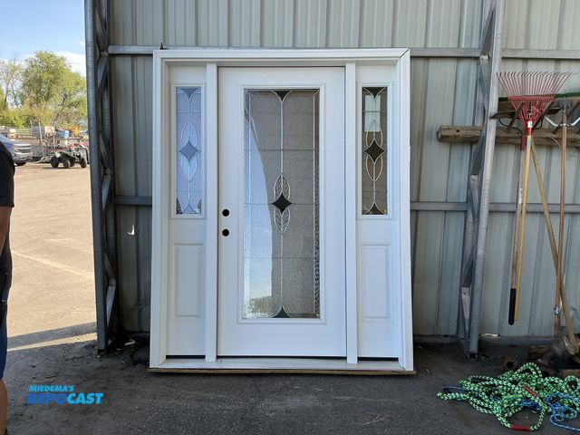 Lot 2-13428 - white fiberglass prehung front door unit w/ tempered glass windows