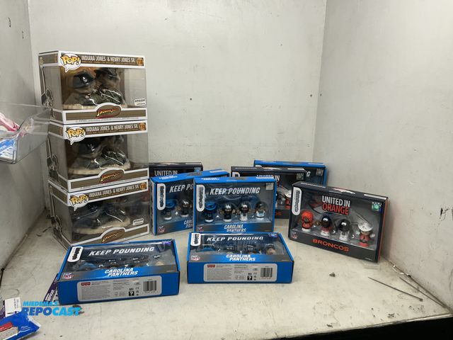 Lot 2-93441 - Lot of (3) Pop Indiana Jones, Bronco, &amp;  Lil People Carolina Panthers