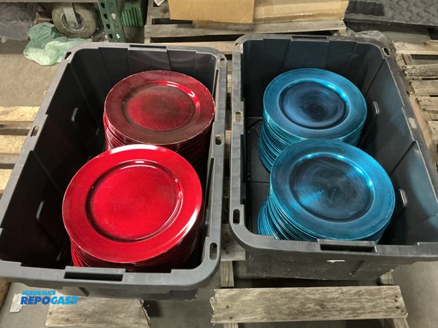 Lot 2-76224 - 2 bins of Blue and Red Plastic Plates measuring 13” in diameter