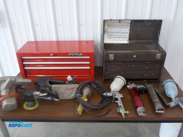 Lot 2-16278 - kennedy and waterloo three drawer tool boxes with assorted tools, 2 paint spray guns, light, 2 sande...
