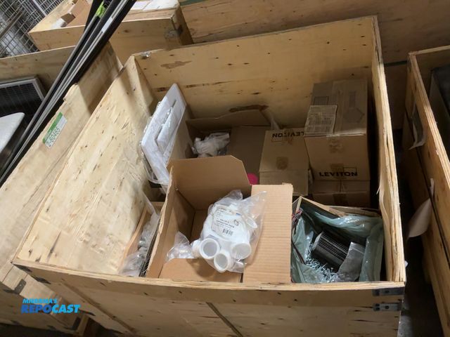Lot 2-60469 - Crate of Miscellaneous Items Including Wall Fan Cover, PVC 90 Street EL, Screws, Miscellaneous Elect...