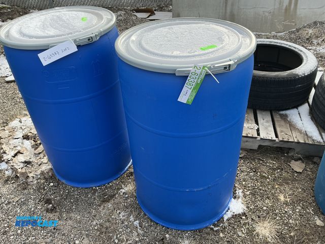 Lot 2-63387 - Lot of (2) 55gal. blue plastic barrels w/ removeable lid and locking rings - Clean inside