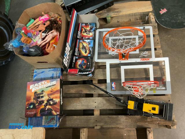 Lot 2-13888 - Skid lot of miscellaneous household items including Tonya toy truck, (2) door handing basketball hoo...