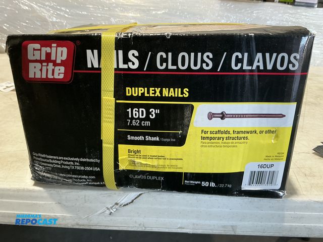 Lot 2-96331 - New (1) 50 pound box Grip Rite 3” duplex nails 16D bright, smooth shank.