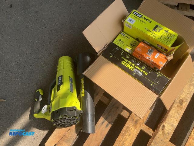 Lot 2-14 - Lot of (5) Ryobi and Ridgid Power Tools: 18V Airstrike 18ga Nailer, 40V Blower, 18V Handvac, 18V Inf...