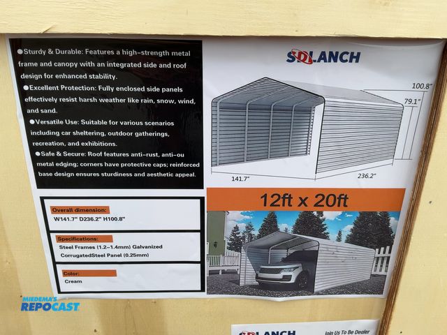 Lot 2-40143 - New SDLANCH 12’x20’ Carport with Enclosed Sidewalls, Cream Color, 141.7” wide x 236.2” deep x 100.8”...