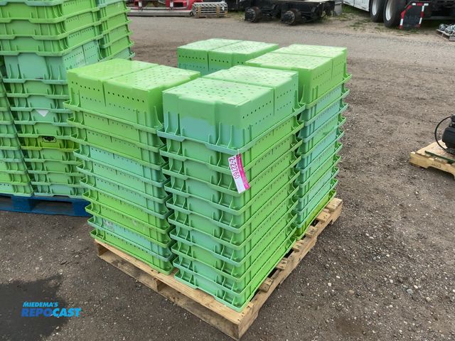 Lot 2-22760 - Skid of (40) Plastic Blueberry Harvest Lugs, stackable, approx. 23-1/2”x15-3/4”x7” tall, most are Ro...