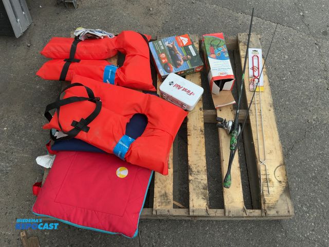 Lot 2-55610 - Assorted lot of items including: (2) adult life jackets, (2) pack able outdoor blankets, an air pump...