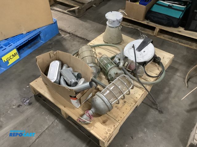 Lot 2-14660 - Skid lot of Thomas betts and hurbbel halogen Indistrial lights and gasket connector values