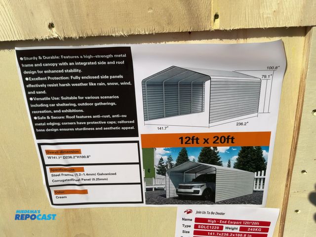 Lot 2-41981 - New SDLANCH 12’x20’ Carport with Enclosed Sidewalls, Cream Color, 141.7” wide x 236.2” deep x 100.8”...