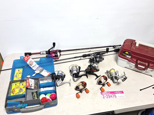 Lot 2-29476 - fishing lot, includes 2 poles, many good reels, Shimano, Okuma, Mitchell, name brands, tackle boxes.