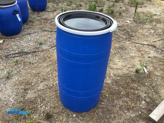 Lot 2-99965 - 35gal. blue plastic barrel w/ removeable lid &amp; locking ring - clean inside, contained a food pro...