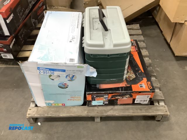 Lot 2-95136 - Lot of 1 intex water slide, a black stone 20” griddle 2 burner camp griddle, and a green toolbox.
