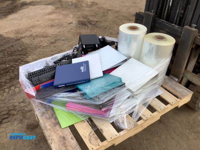 Lot 2-92353 - Skid of keyboards, binders, speakers, plugs for computers, etc.