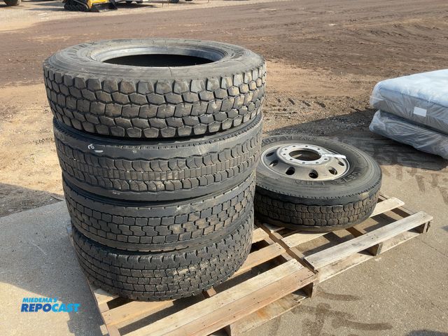 Lot 2-11590 - (5) Used 295/75R22.5 Semi Tires, one mounted on aluminum hub pilot wheel, one tire has uneven wear