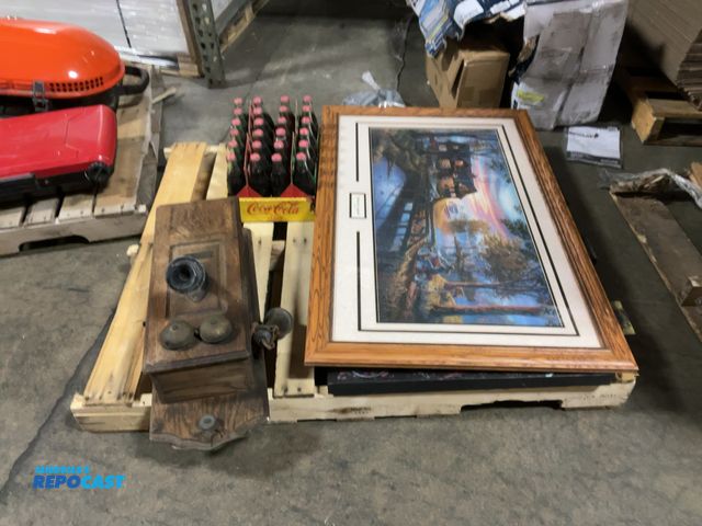 Lot 2-24992 - Skid lot of miscellaneous items including picture frames, classic Coca Cola glass bottles, a antique...