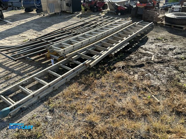 Lot 2-13646 - Lot of (3) 24’ Ladders, 2 Steel, 1 Wooden, (1) 40’ Werner Steel Ladder (lengths are all max extensio...