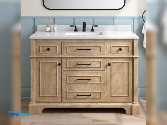Lot 2-23345 - Home Decorators Collection Melpark 48” Antique Oak Bathroom Vanity, 1005236768, 48 in W x 22 in D x ...