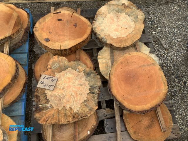 Lot 2-27377 - lot of 10 wood cookies, 2" thick x 10"-19" dia, cherry, oak, pine