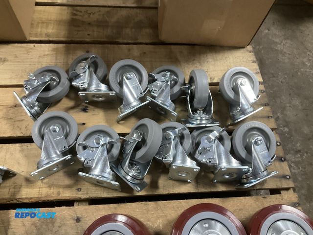 Lot 2-22003 - (12) New Albion precision 4” x 1-1/4” casters with brakes, Xtra Soft wheels with ball bearings, 300 ...
