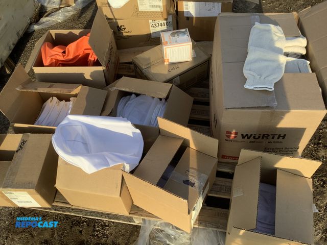 Lot 2-93225 - Skid lot of 6 boxes of paint spray hoods 6 per box 1 box of wurth arm sleeves 1 box of mask face con...