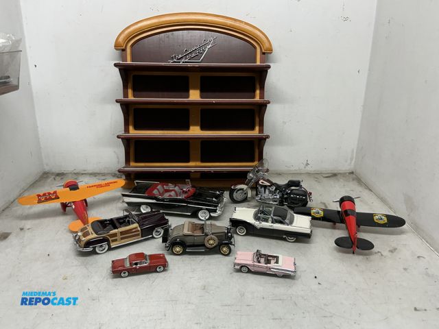 Lot 2-93353 - Lot of Various Model Planes, Cars, and a Motorcycle, 4-Shelf Wooden Display Shelf