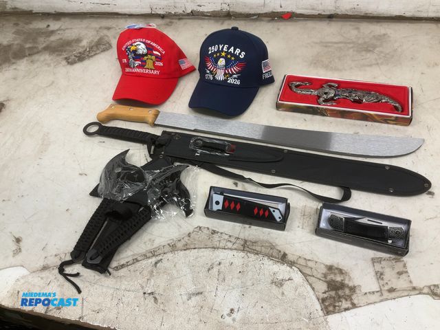 Lot 2-35860 - 1- 22” Blade Machete Sharpened 1- 20” Blade Ninja Sword and Sheath and 2 Throwing Knives 1- 2pk 5” T...