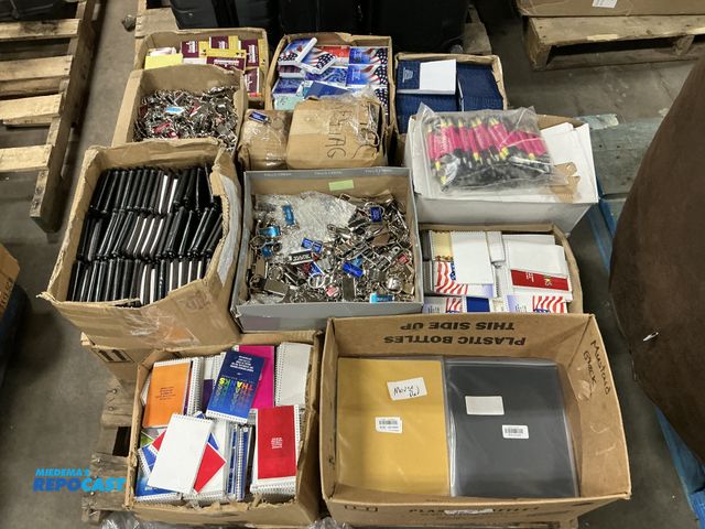 Lot 2-95985 - Skid lot with various notepads, note books, pens, key chains, sticky-notes…