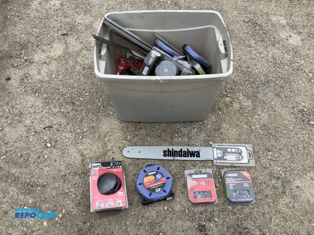 Lot 2-35251 - Plastic container of echo and shindaiwa parts including: 20” guide bar, 20” saw chains, silent twist...