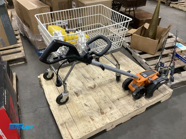 Lot 2-35559 - Nelson Yard Tractor Lawn Sprinkler, includes Worx Edger electric &amp; white roller basket cart