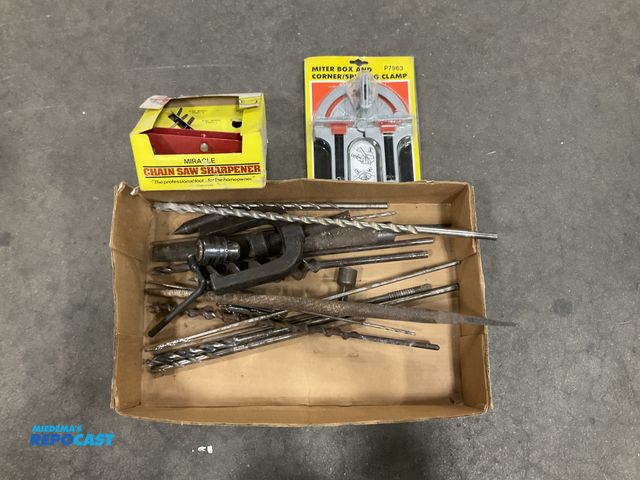 Lot 2-67891 - Lot of asst. tools includes: Miracle chainsaw sharpener, miter box of comer/splicing clamp P7963,  a...