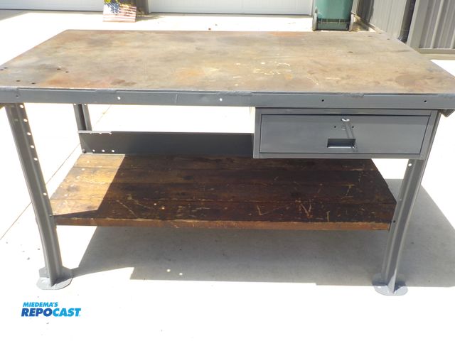 Lot 2-30250 - Industrial LYON 1/4 inch steel top work station. One drawer. Bottom wood shelf. Very heavy. 60" w x ...