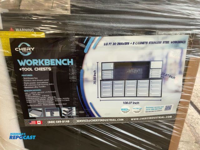 Lot 2-44238 - New Chery Industrial 9' 30-Drawer Steel Workbench, Two Cabinet Doors, Stainless Steel Drawer/Door Fr...