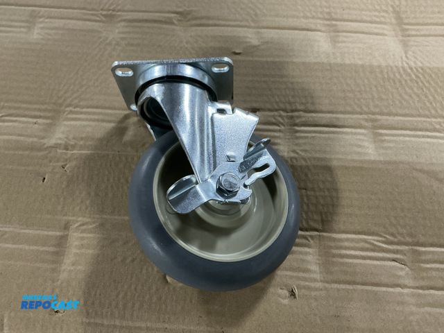 Lot 2-22014 - (4) New 5"x1.25" Rubber Wheel Swivel Casters with Brakes, Delrin Bearings, 2-1/2x3-5/8" top plate, 3...